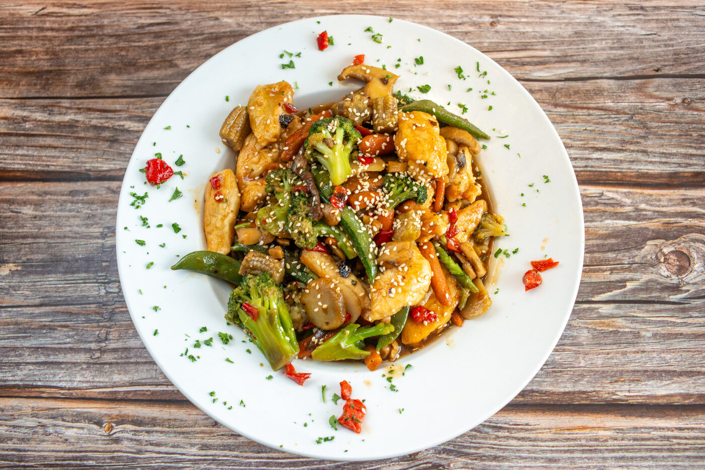 Chicken stir fry over rice
