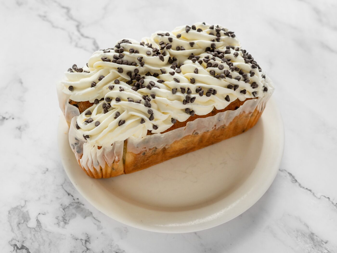 Chocolate chip loaf cake with frosting