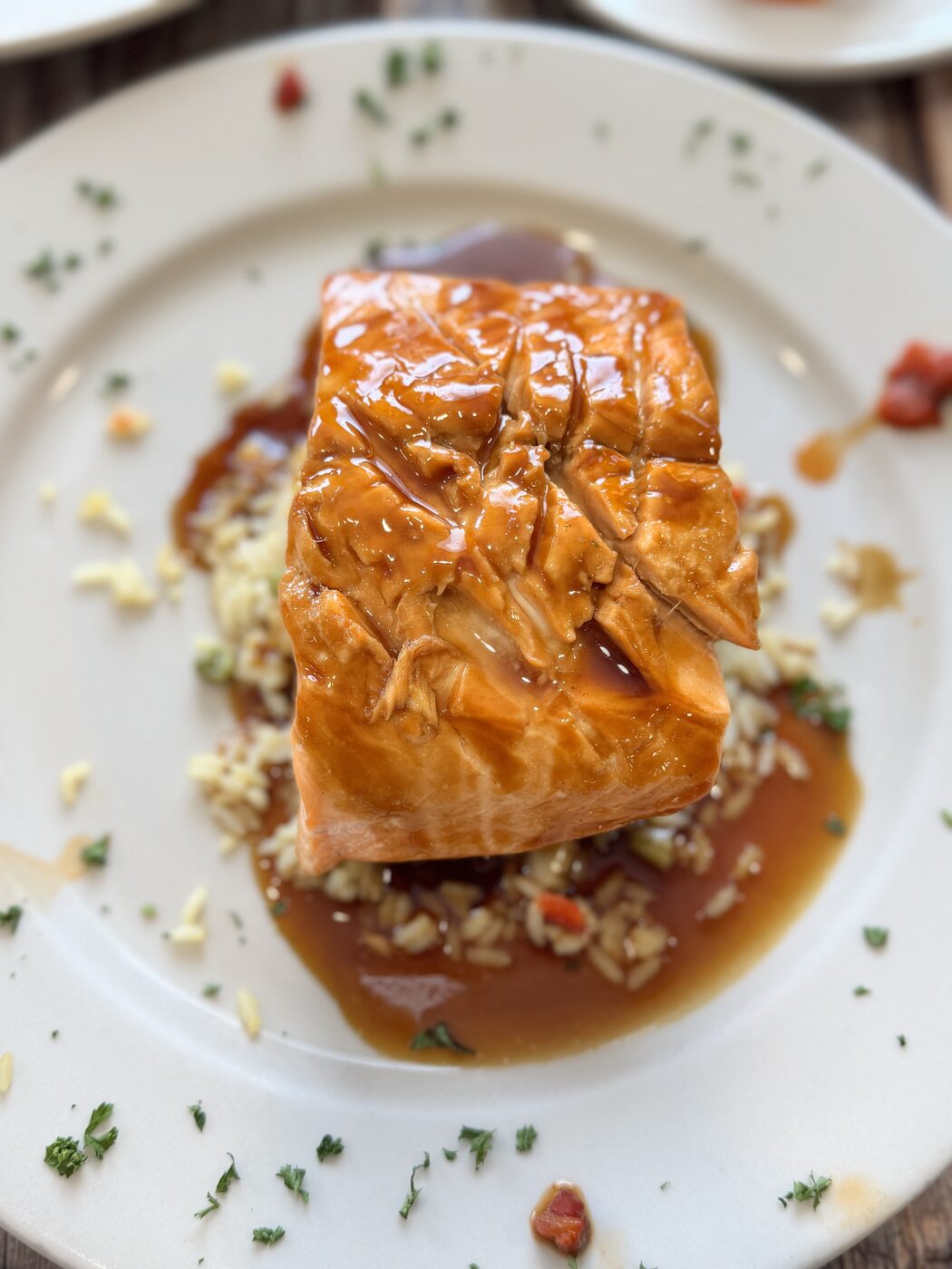 Glazed salmon over rice